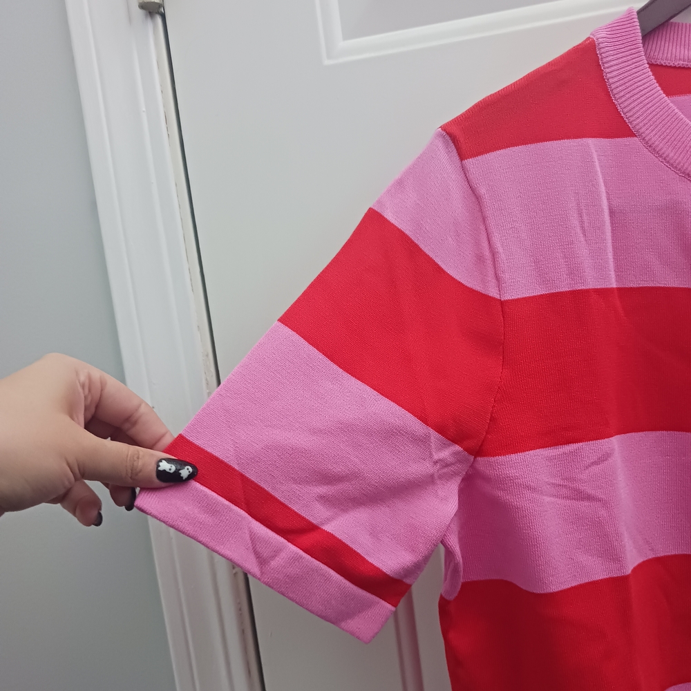 Vibrant Red and Pink Striped Women's Sweater - Picture 4 of 8